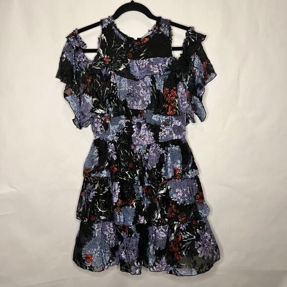 Alice + Olivia Size 10 Nichola Black Blue Red Cold Shoulder Ruffled Floral Dress - Picture 3 of 16